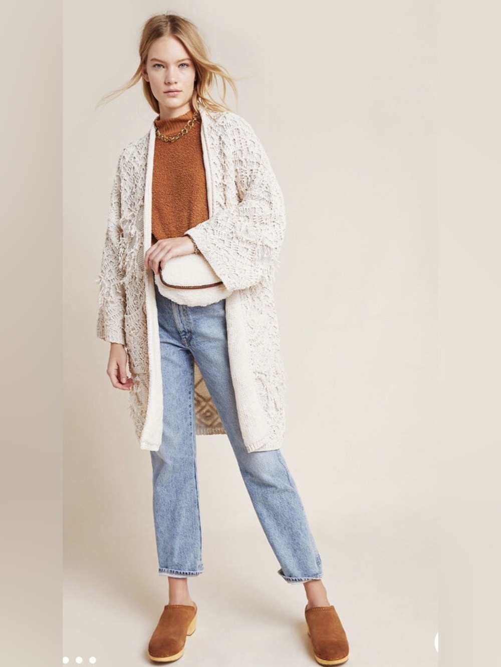Anthropologie Akemi & Kin lone Textured Tassel Cardigan Sweater Cream One Size